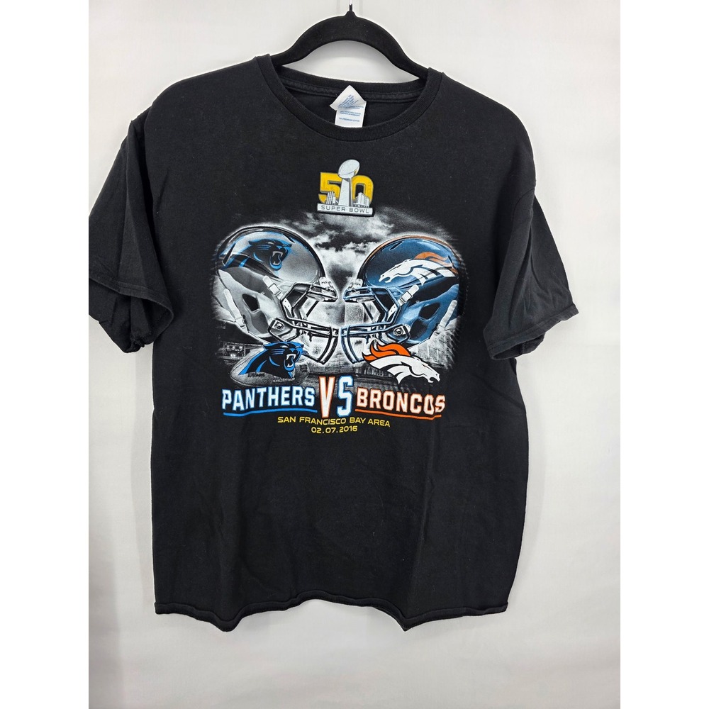 Super Bowl 50 Panthers vs Broncos 2016 NFL Graphic T-Shirt Black Mens Large
